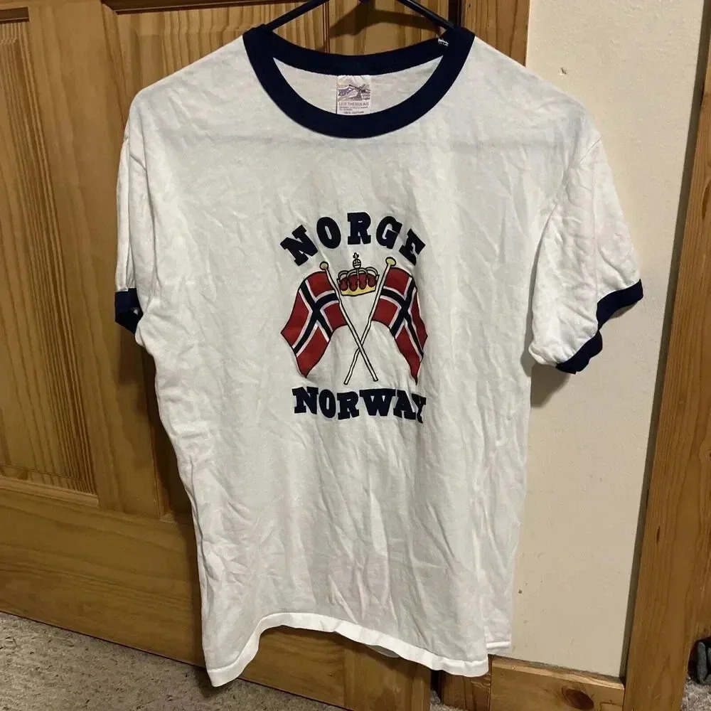 Vintage 90's Single-stitched Leif Thesen A/S T-shirt Sz XL NORGE Norway Flag Tee